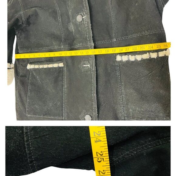 Vintage Sin by Morgan Cooper Black Suede Faux Fur Hooded Trench Coat Jacket L - Picture 15 of 16